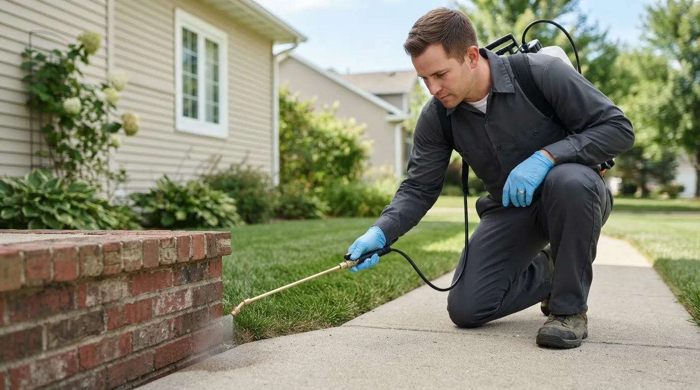 Pest control technician treating a home near Almond, NC